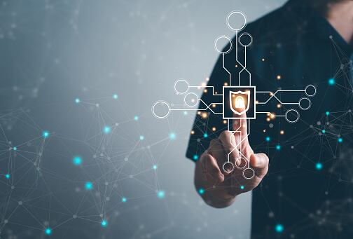 Cyber Protection Data Security Internet Privacy, Internet and technology concept on virtual screen. Man touching on lock icon.