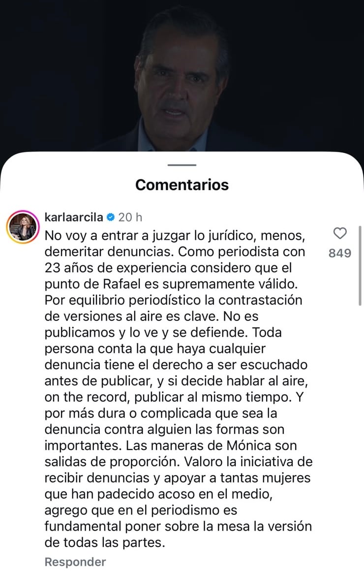 Mensaje de la periodista Karla Arcila en la cuenta de Instagram de Rafael Poveda.
