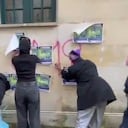 Con grafitis sobre las paredes de la Cancillería en Bogotá, manifestantes hacen denuncia de casos de feminicidio.