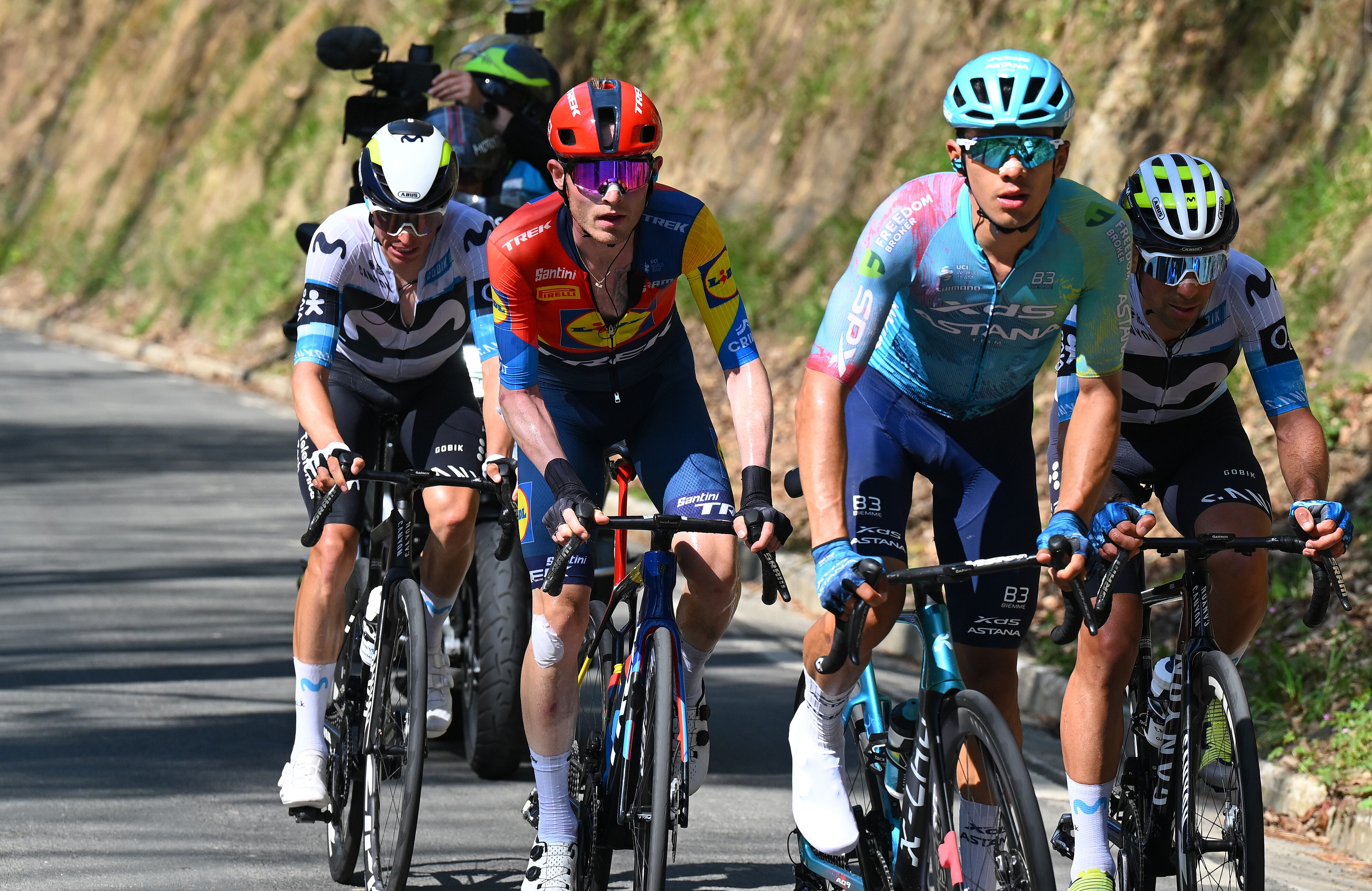 BELSAIN, SPAIN - APRIL 09: (L-R) Enric Mas of Spain and Movistar Team, Mattias Skjelmose of Denmark and Team Lidl-Trek and Harold Tejada of Colombia and Team Astana Qazaqstan compete in the breakaway during the 64th Itzulia Basque Country 2025, Stage 3 a 156.6km stage from Zarautz to Beasain / #UCIWT / on April 09, 2025 in Beasain, Spain. (Photo by Tim de Waele/Getty Images)