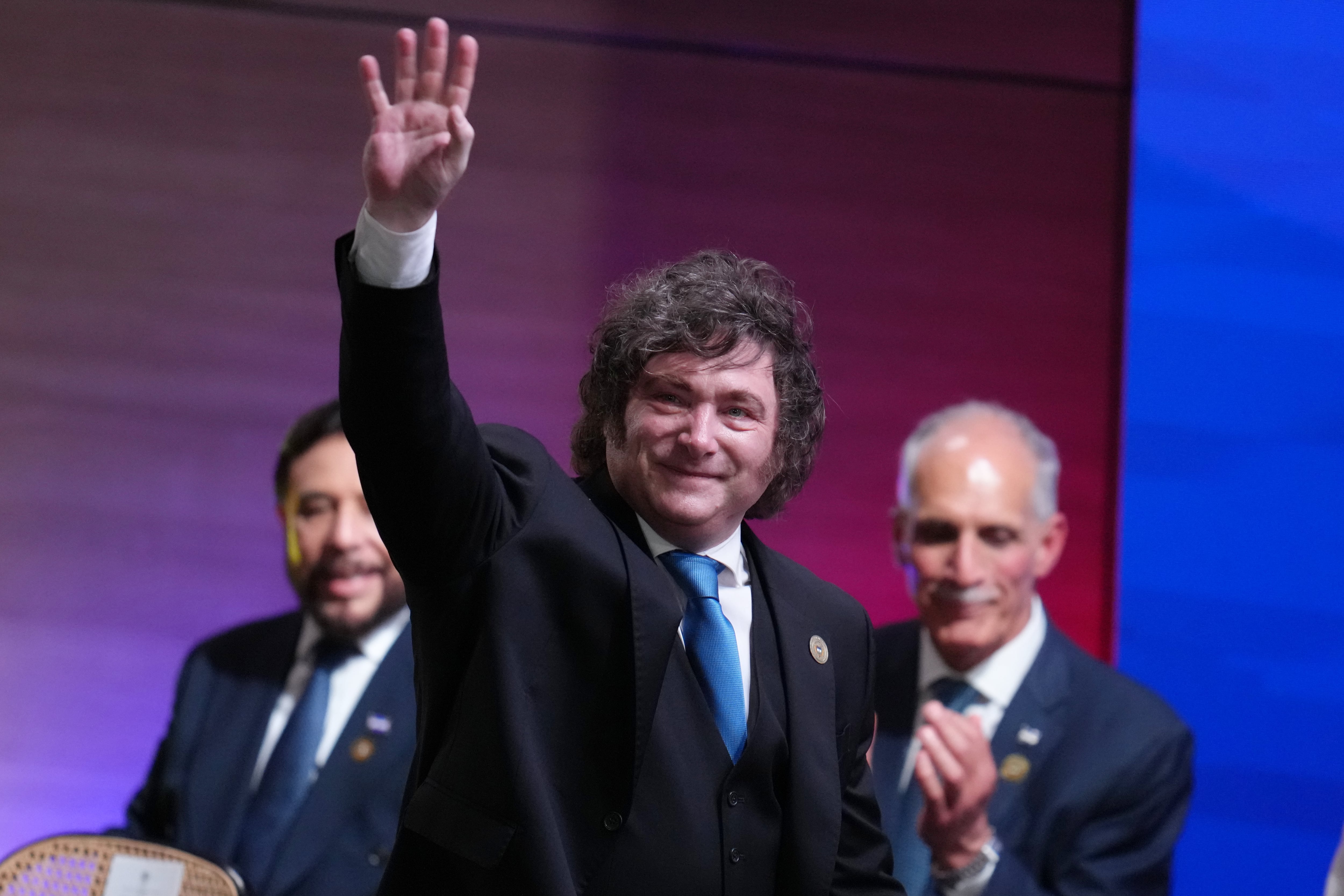 Argentina's President Javier Milei arrives for the inauguration of Colombia's President Abelardo de la Espriella in Cali, Colombia, Friday, Aug. 7, 2026. (AP Photo/Matias Delacroix)