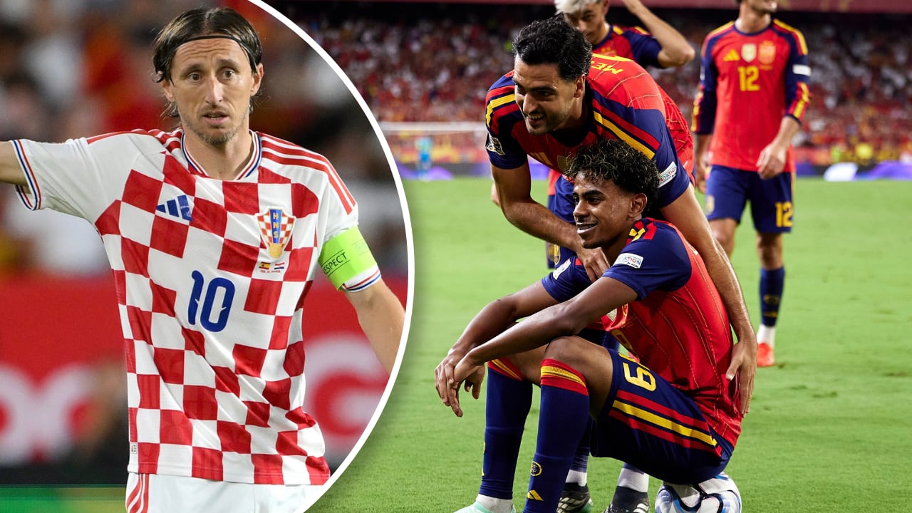 España vs. Croacia por la Nations League. En la imagen: Luka Modrić (izq.) y Lamine Yamal (der.).