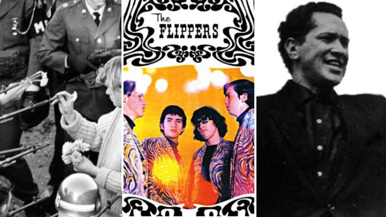 Un joven pone una flor en el arma de un policía (izq). Los Flippers (centro). El sacerdote Camilo Torres (der).