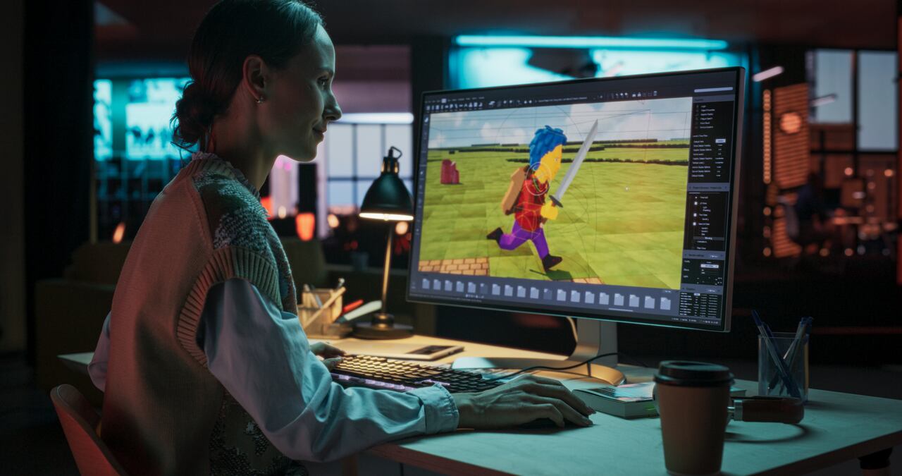 Portrait of Female Video Game Designer Working on a New 3D Level on Her Desktop Computer. Focused Woman Creating Metaverse and Design Video Game Character in Creative Office at Night