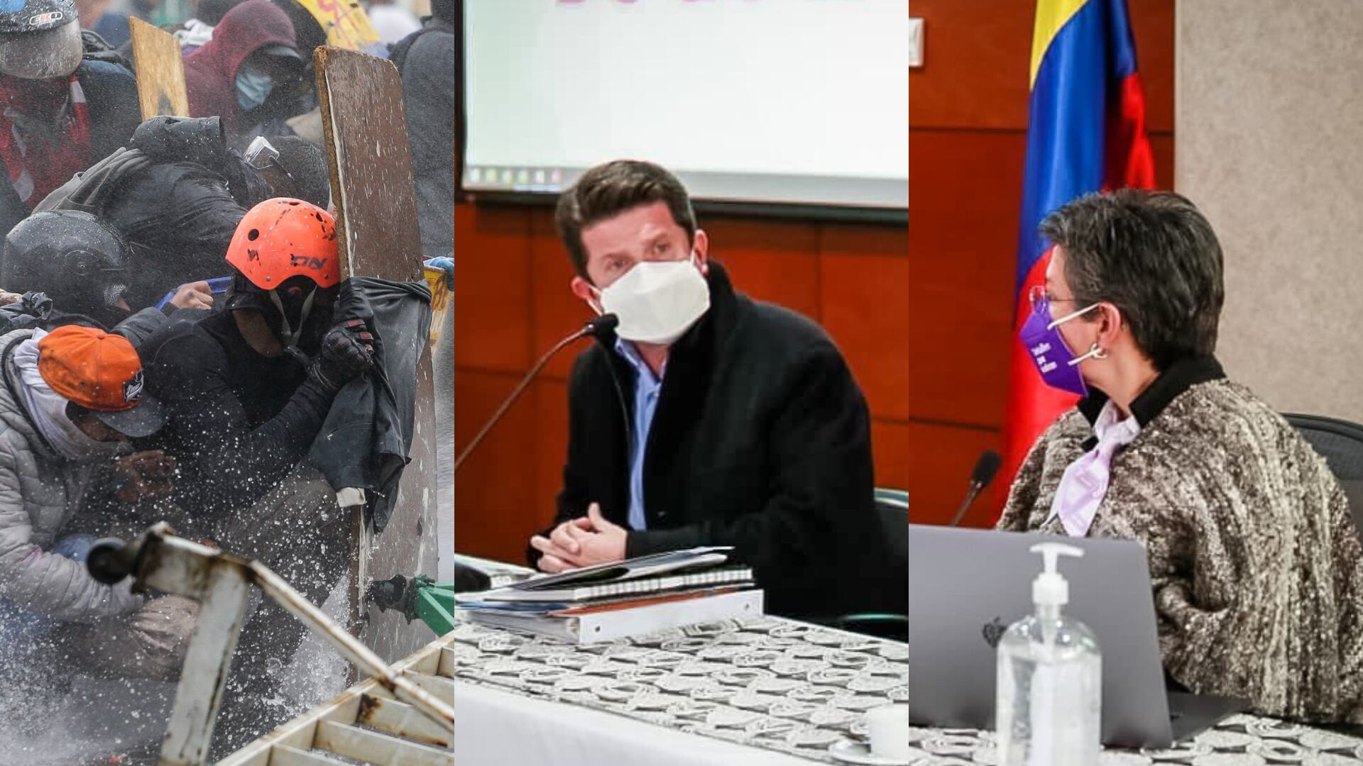 Primera línea de Bogotá; ministro de Defensa, Diego Molano; alcaldesa de Bogotá, Claudia López