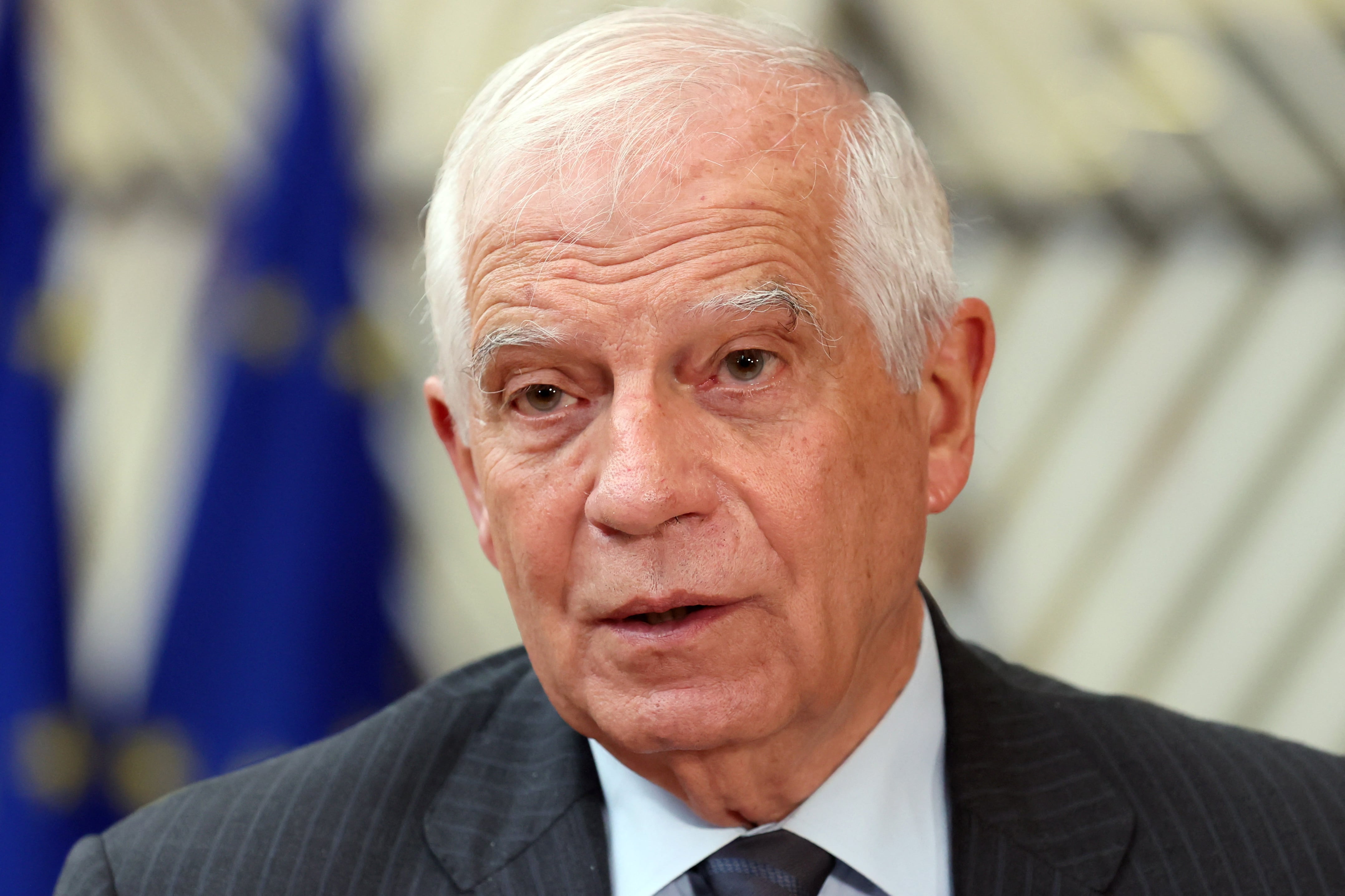 (FILES) European Union High Representative for Foreign Affairs and Security Policy Josep Borrell delivers a statement to the media prior to a Foreign Affairs Council (FAC) meeting at the EU headquarters in Brussels on May 27, 2024. "Prime Minister Orban has not received any mandate from the EU Council to visit Moscow," EU foreign affairs chief Josep Borrell said in a statement on July 5, 2024. (Photo by Fran�ois WALSCHAERTS / AFP)