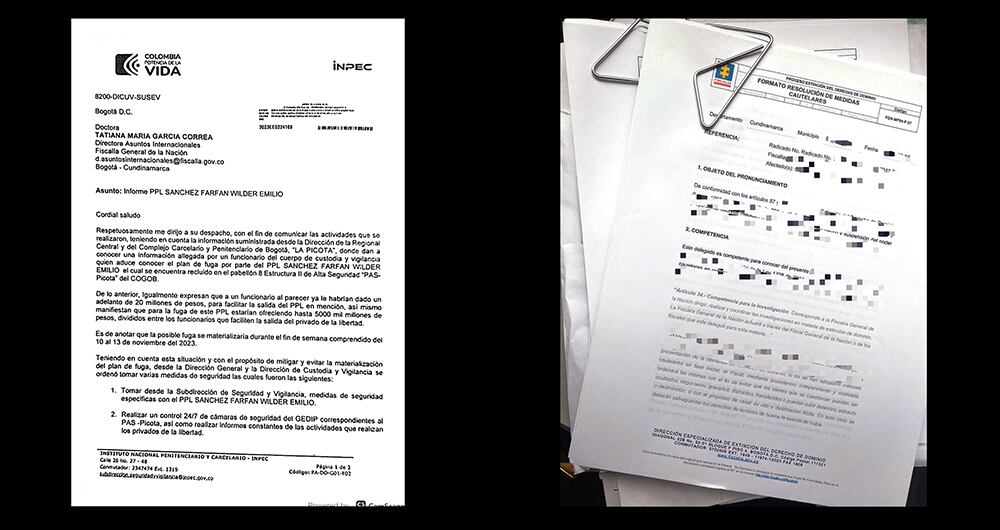    Documentos compartidos entre el Inpec y la Fiscalía para advertir sobre el plan de fuga del llamado Gato Farfán cuando se encontraba en La Picota. 