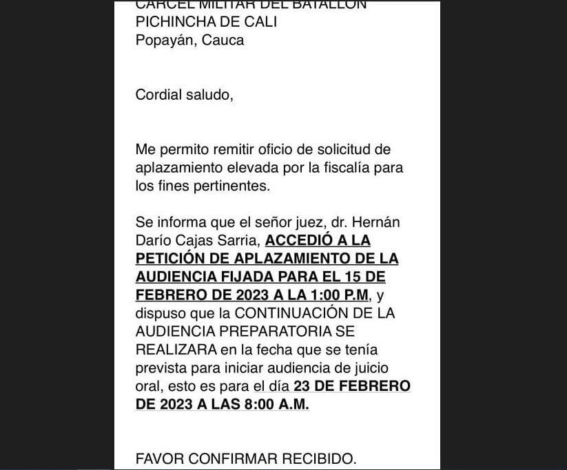 El juez aceptó la solicitud de la Fiscalía de aplazar la audiencia, para hacer la evaluación de las nuevas pruebas.