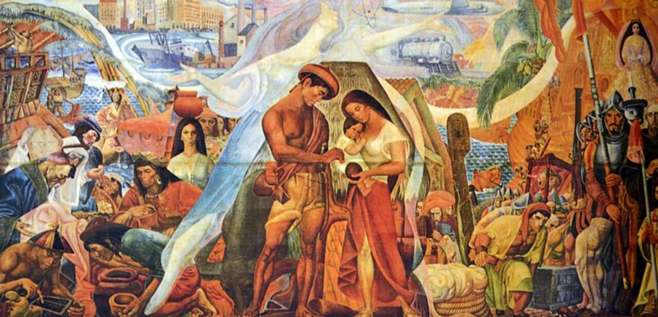 Los colonizadores a la derecha de esta obra de Carlos Modesto "Botong" Villaluz Francisco (1912-1969), célebre muralista filipino conocido por sus piezas históricas.