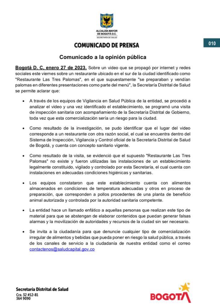 Comunicado oficial de la Secretaría de Salud de Bogotá.