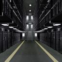 Dutch angle view looking up at the empty cells in a multi-tiered prison