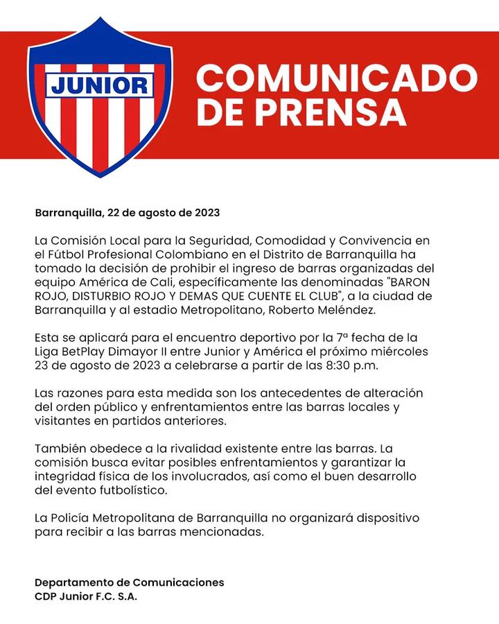 Comunicado de Junior.