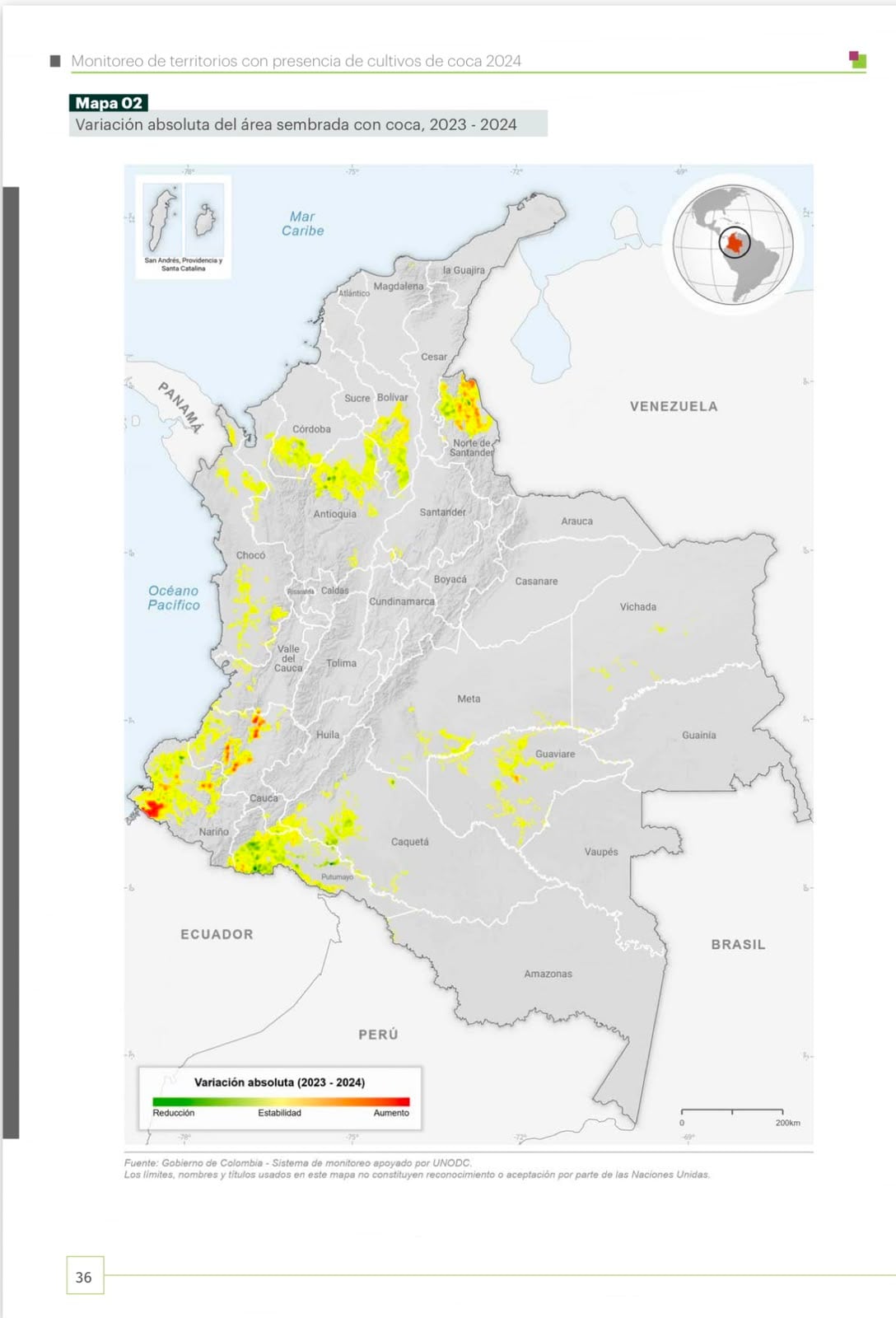 Variación absoluta del área sembrada con coca 2023-2024