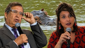 Fabio Arjona e Irene Vélez, ministro y exministra de Ambiente, respectivamente. Al fondo, uno de los "hipopótamos de Pablo Escobar"
