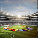 Representación 3D de un estadio de fútbol con banderas europeas en el campo de juego