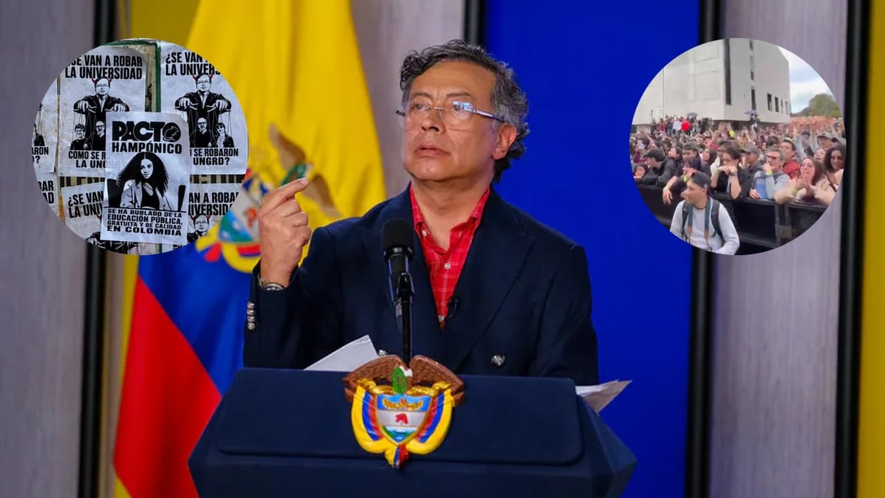 Presidente Gustavo Petro, carteles en la Universidad Nacional y estudiantes de la institución.