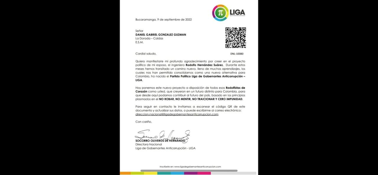 La carta de bienvenida que Socorro Oliveros le envió a Daniel González.