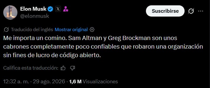 Musk volvió a cuestionar el origen de OpenAI y acusó a sus directivos de apropiarse de la organización.