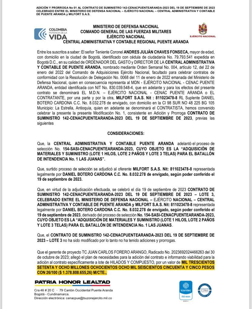 Ejército hizo millonaria adición a contratos que están bajo la lupa de la Procuraduría.