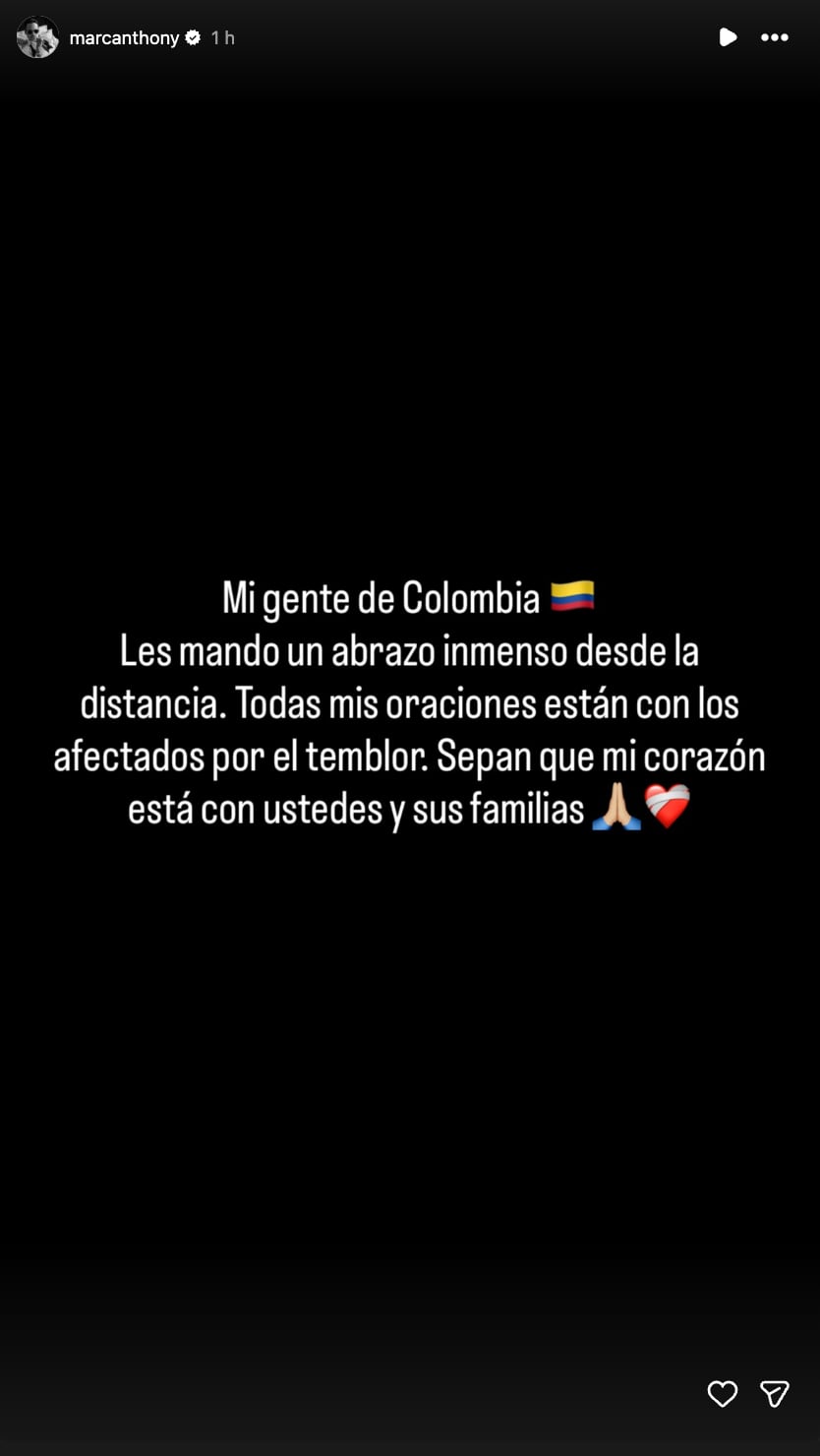 Marc Anthony envía mensaje tras terremoto de 7,4 en Colombia.