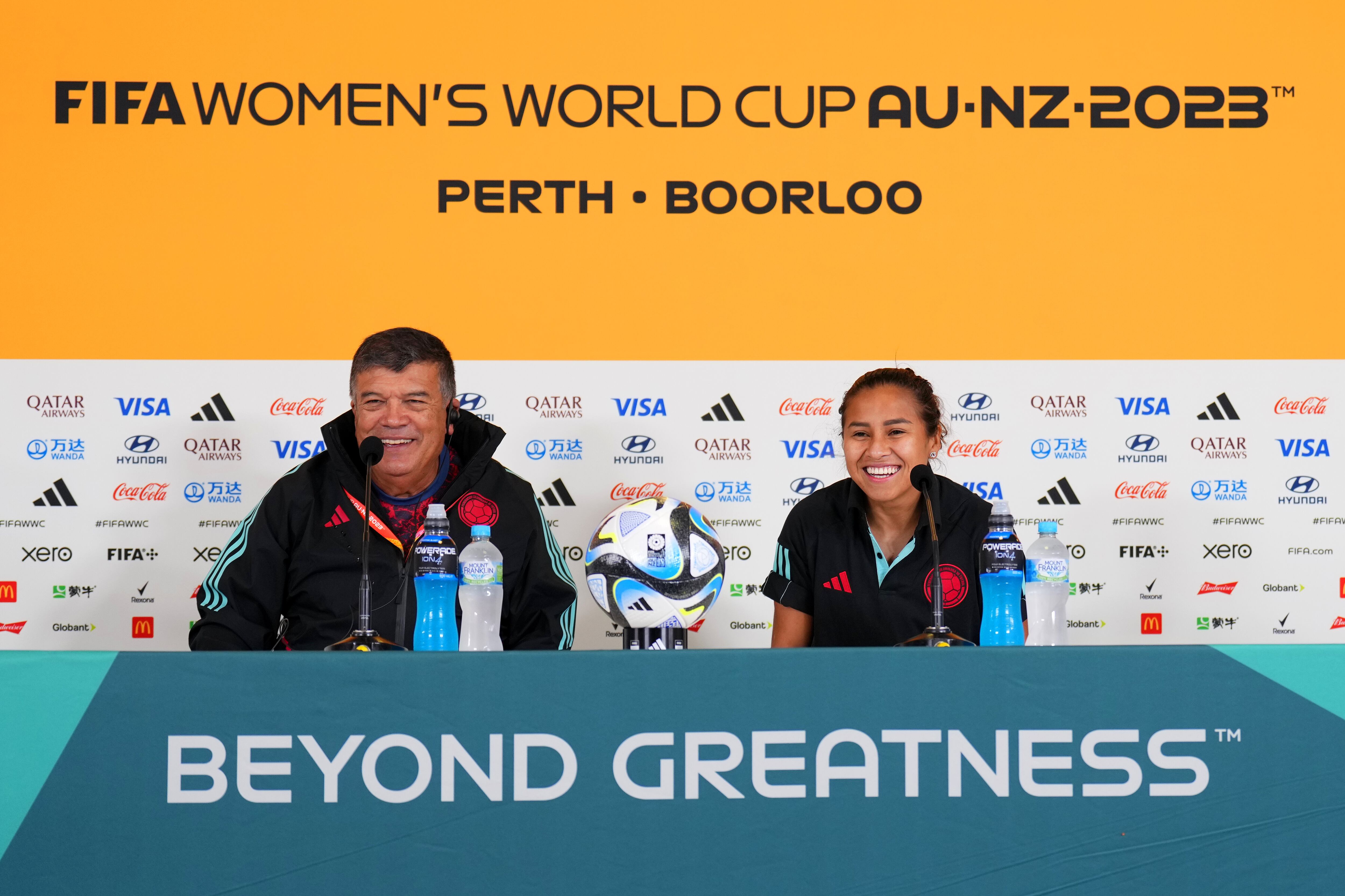 PERTH, AUSTRALIA - AUGUST 02: Nelson Abadia, Head Coach of Colombia, and Leicy Santos of Colombia speak to the media during a Colombia Press Conference at Perth Rectangular Stadium on August 02, 2023 in Perth / Boorloo, Australia. (Photo by Aitor Alcalde - FIFA/FIFA via Getty Images)