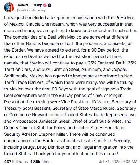 Mensaje emitido por Donald Trump en su cuenta de Truth