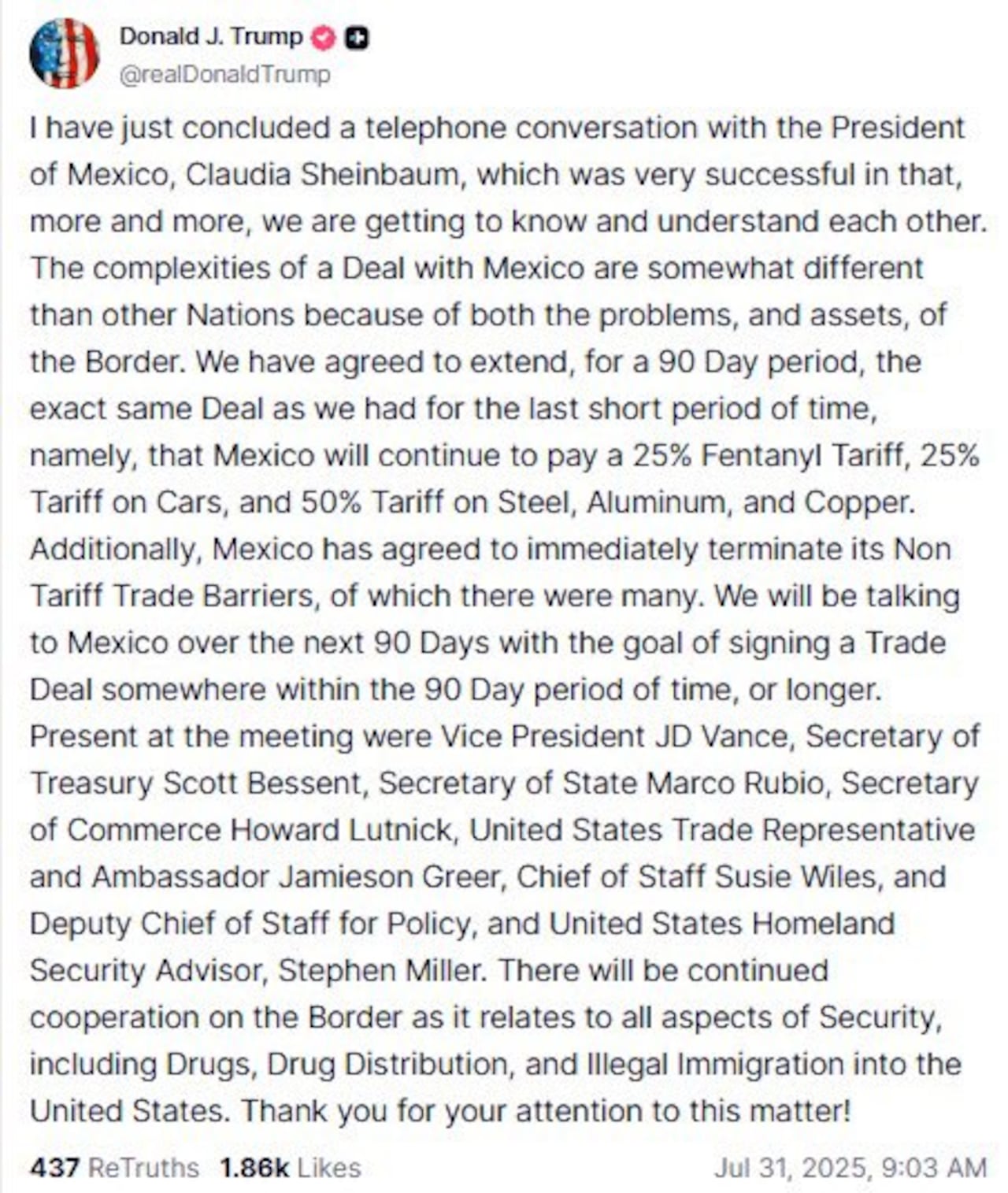 Mensaje emitido por Donald Trump en su cuenta de Truth