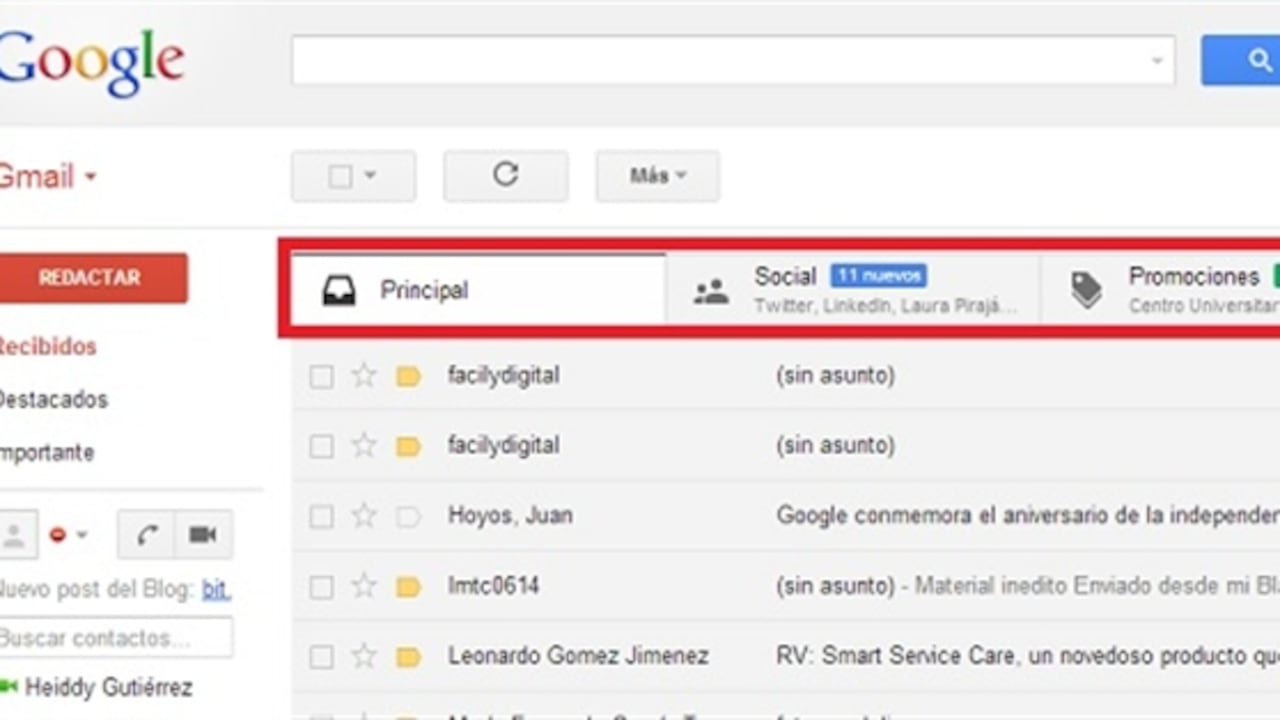 El nuevo servicio de Gmail clasifica el correo en diferentes pestañas.