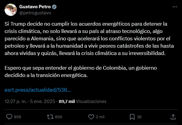 Gustavo Petro advirtió a Trump que su política energética podría acelerar la crisis climática y advirtió sobre los conflictos por petróleo.