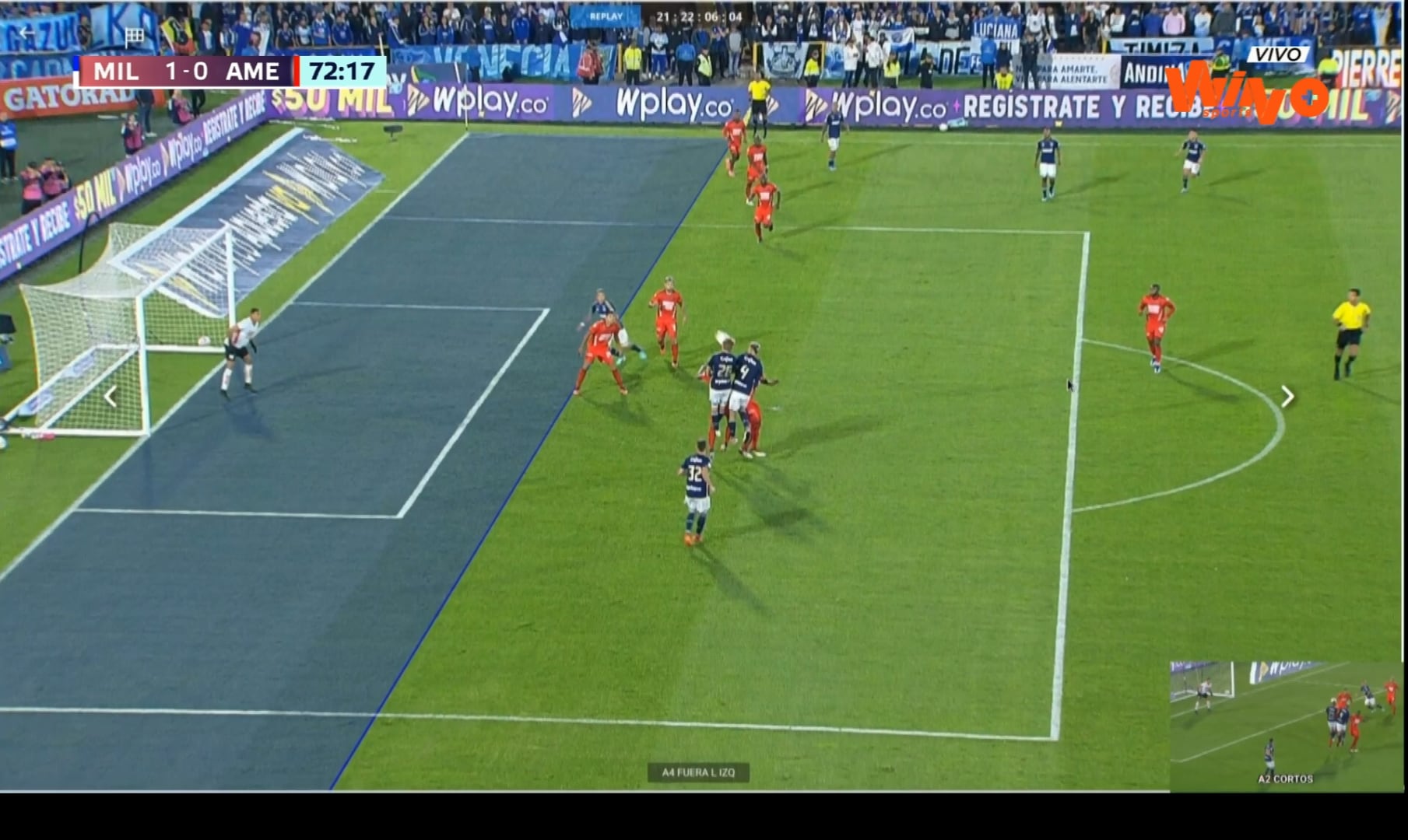 Imagen con las líneas del VAR en el gol de Leonardo Castro, de Millonarios, contra el América de Cali.