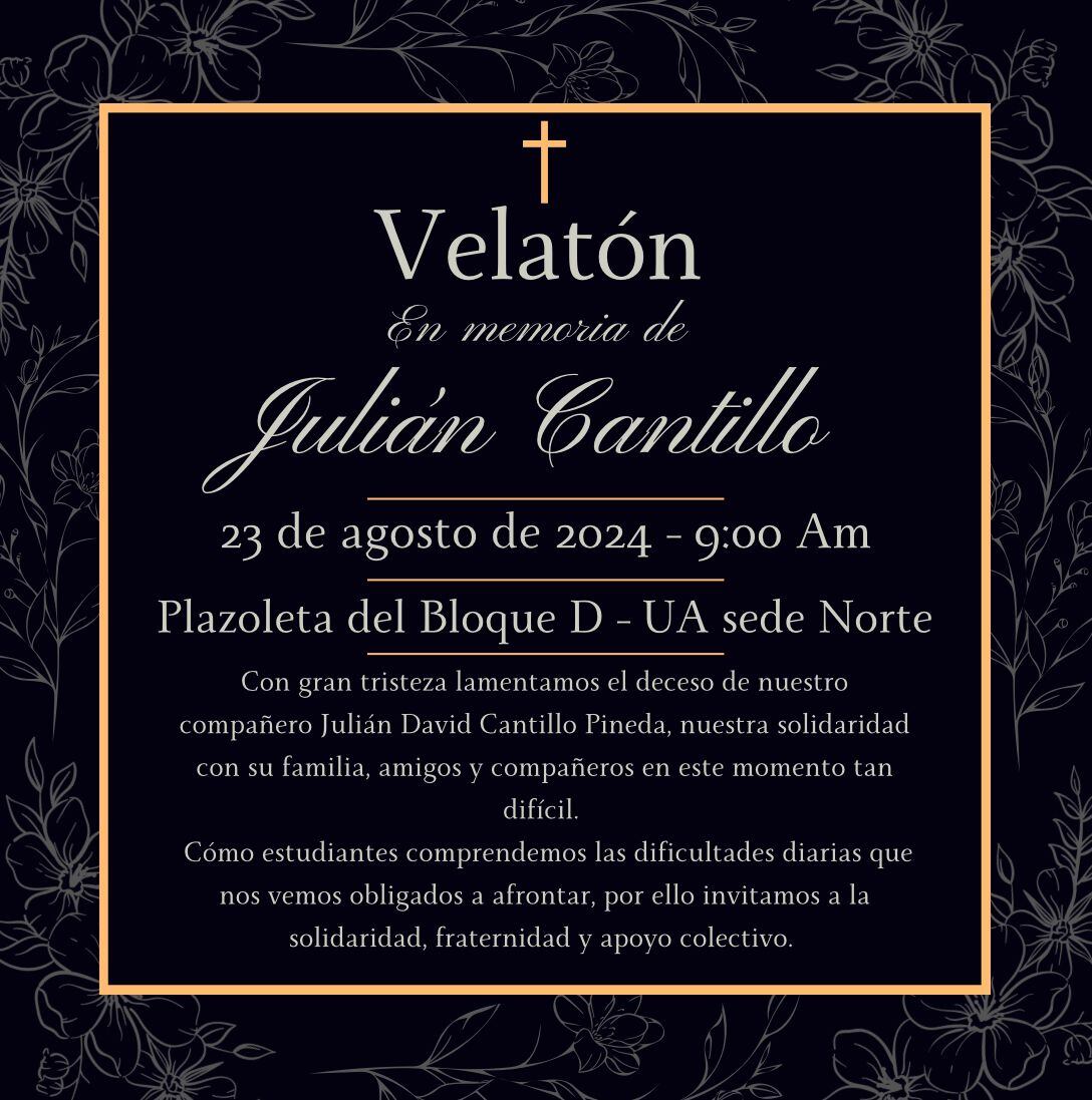 Invitación a la velatón por la muerte del estudiante Julián Cantillo.