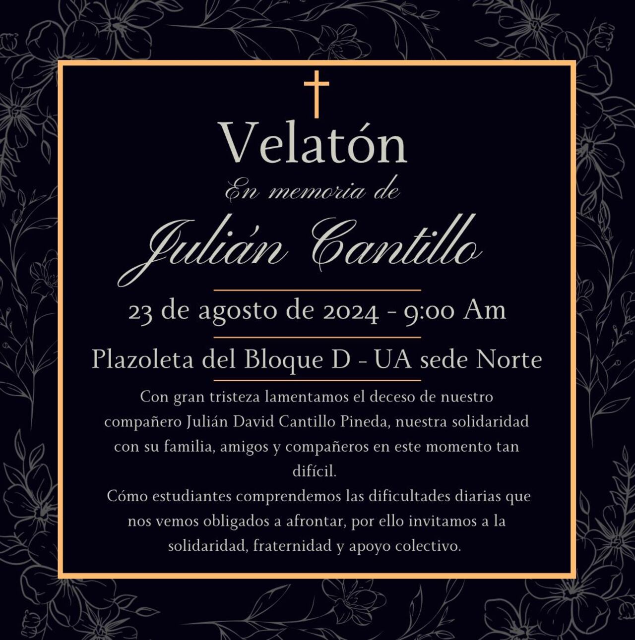 Invitación a la velatón por la muerte del estudiante Julián Cantillo.