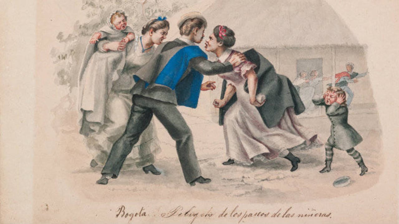 'Peligros de los paseos de las niñeras' (1870) de Ramón Torres Méndez. Acuarela sobre papel 22,8 x 27,6 cm. Crédito: Archivo Banco de la República.