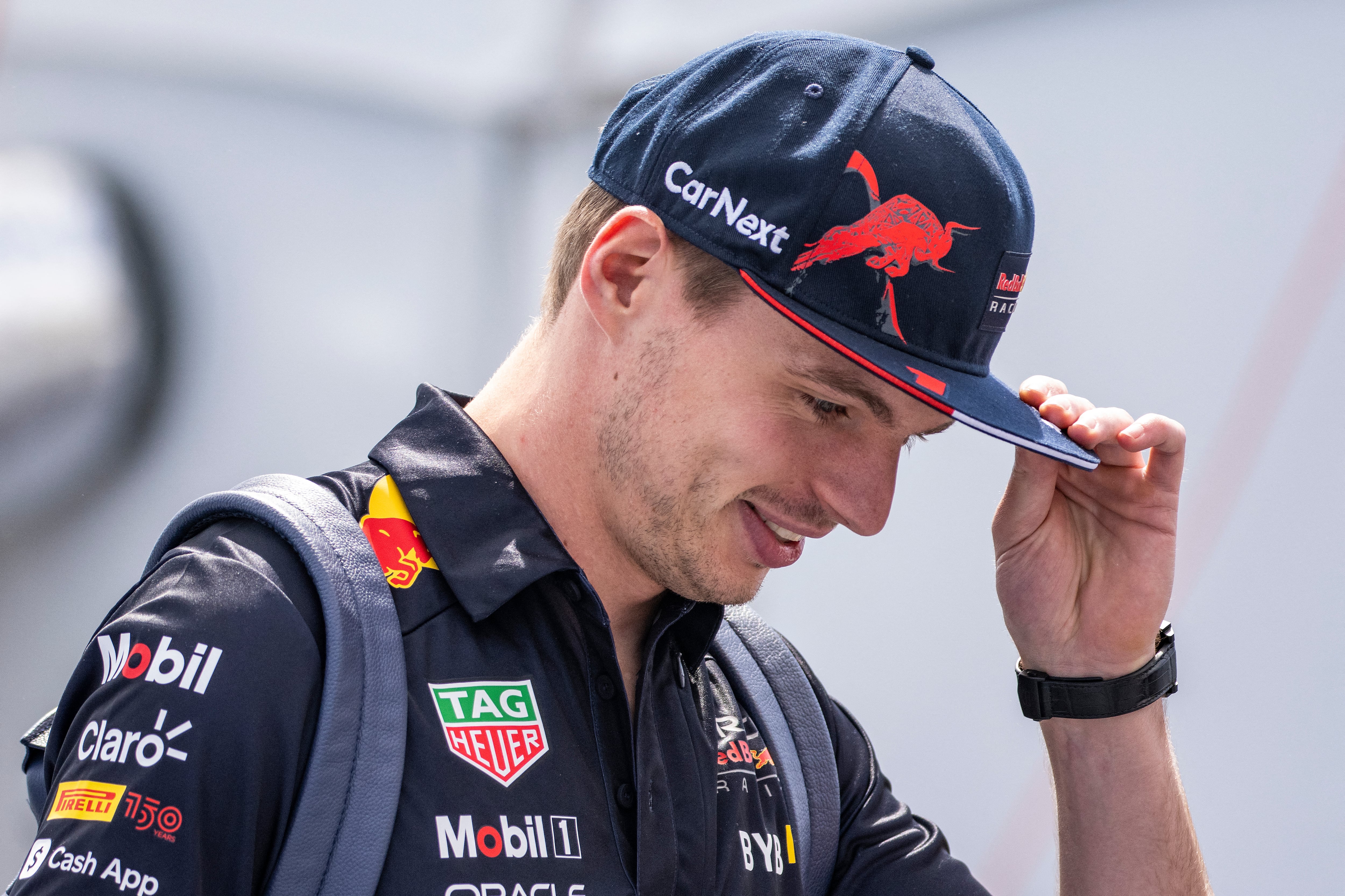 Red Bull Racing's Dutch driver Max Verstappen arrives at the paddock prior to practice for the F1 Grand Prix of Canada at Circuit Gilles Villeneuve on June 17, 2022 in Montreal, Quebec. (Photo by Jim WATSON / AFP)