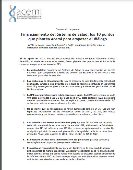 Acemi dio a conocer un comunicado en el que plantea los puntos más importantes a tener en cuenta para iniciar una conversación con el Gobierno para encontrar una solución a la crisis de las EPS.
