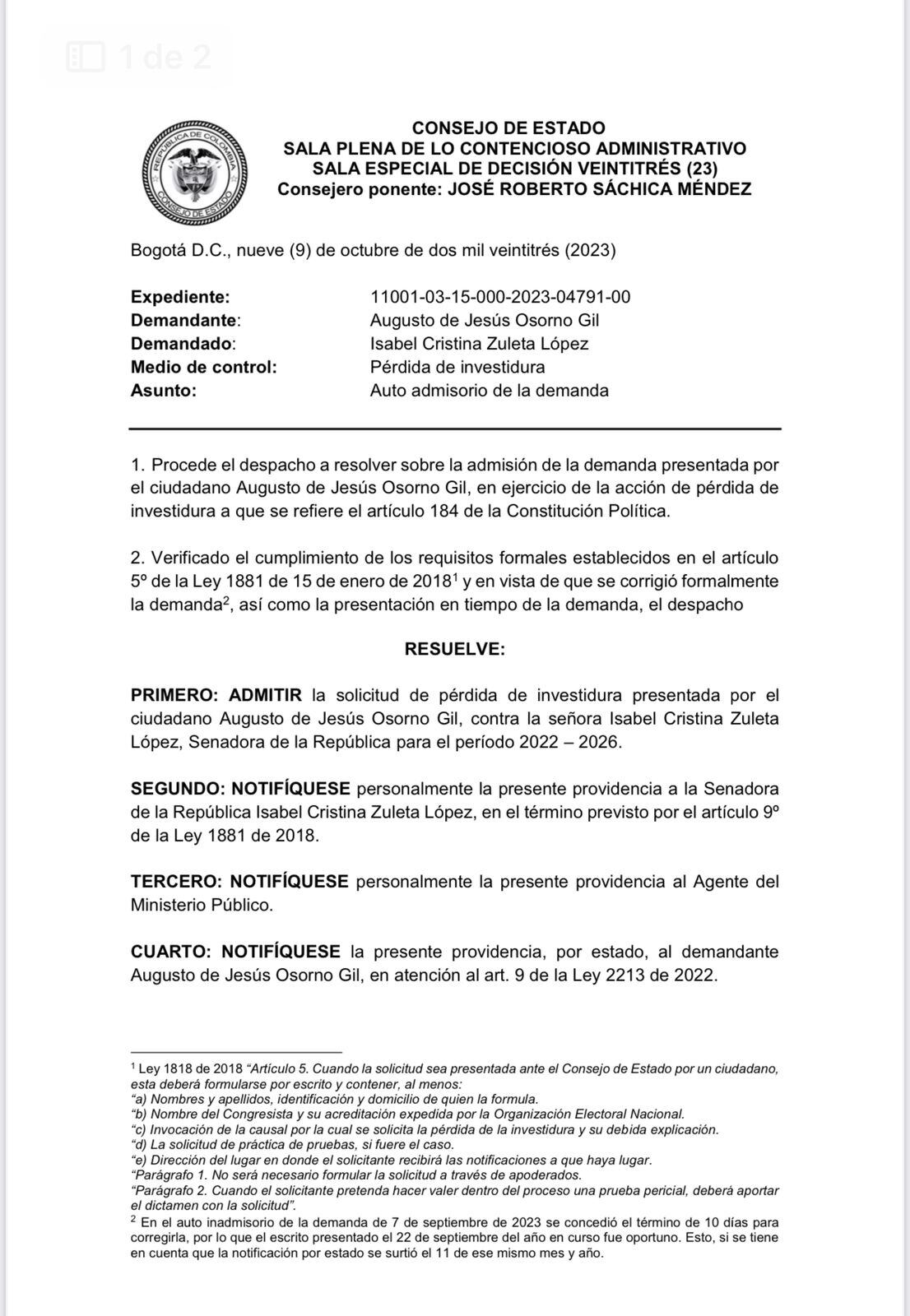 Consejo de Estado estudia demanda de pérdida de investidura contra la senadora Isabel Zuléta