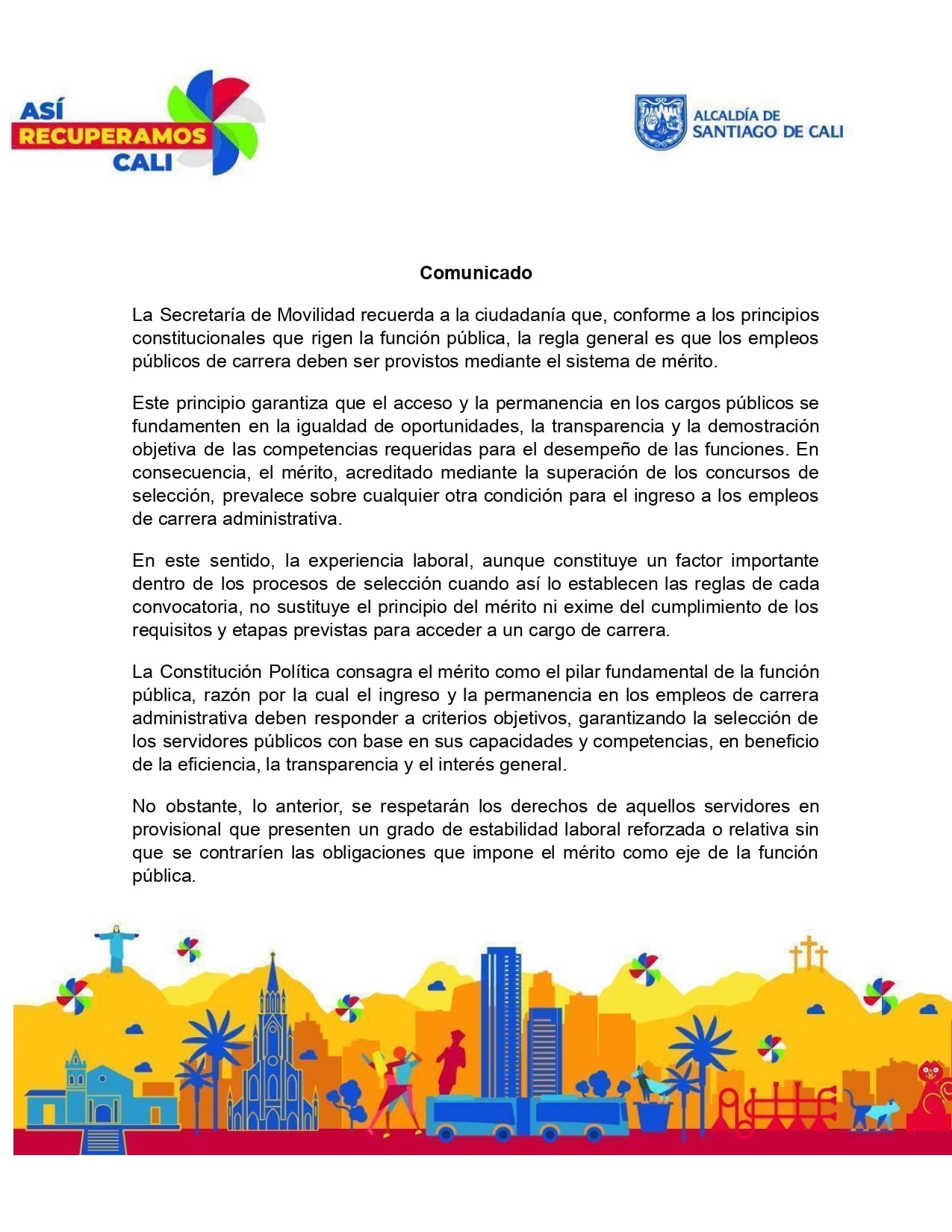 Comunicado Secretaría de Movilidad de Cali