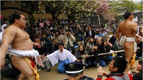 El desfile de los pesos pesados. Un grupo de luchadores de sumo desfiló frente a una multitud de espectadores en Tokio. El evento, que se celebra cada año, se hizo afuera de la capilla de Yasukuni, donde se conmemora la muerte de miles de japoneses en la guerra.