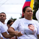 Cilenis Marulanda, mother of Colombian soccer player Luis Diaz, joins a march to demand the release of her husband and the father of the Liverpool striker, in Barrancas, La Guajira department, Colombia, Tuesday, Oct. 31, 2023. The parents of the 26-year-old Diaz were reportedly kidnapped as they drove to their home. Marulanda was rescued by police in Barrancas, Colombia’s President Gustavo Petro said. (AP Photo/Leo Carrillo)