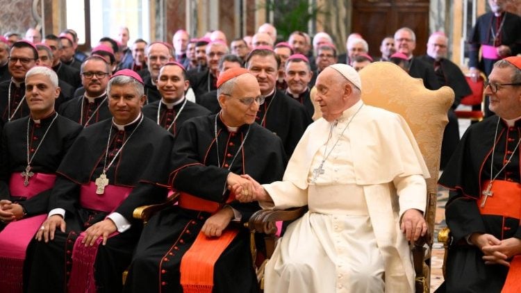 En la primera fila aparecen el papa Francisco y el cardenal Robert Prevost (hoy papa León) dándose la mano. Y en la segundo fila aparece el obispo de Palmira, Rodrigo Gallego.