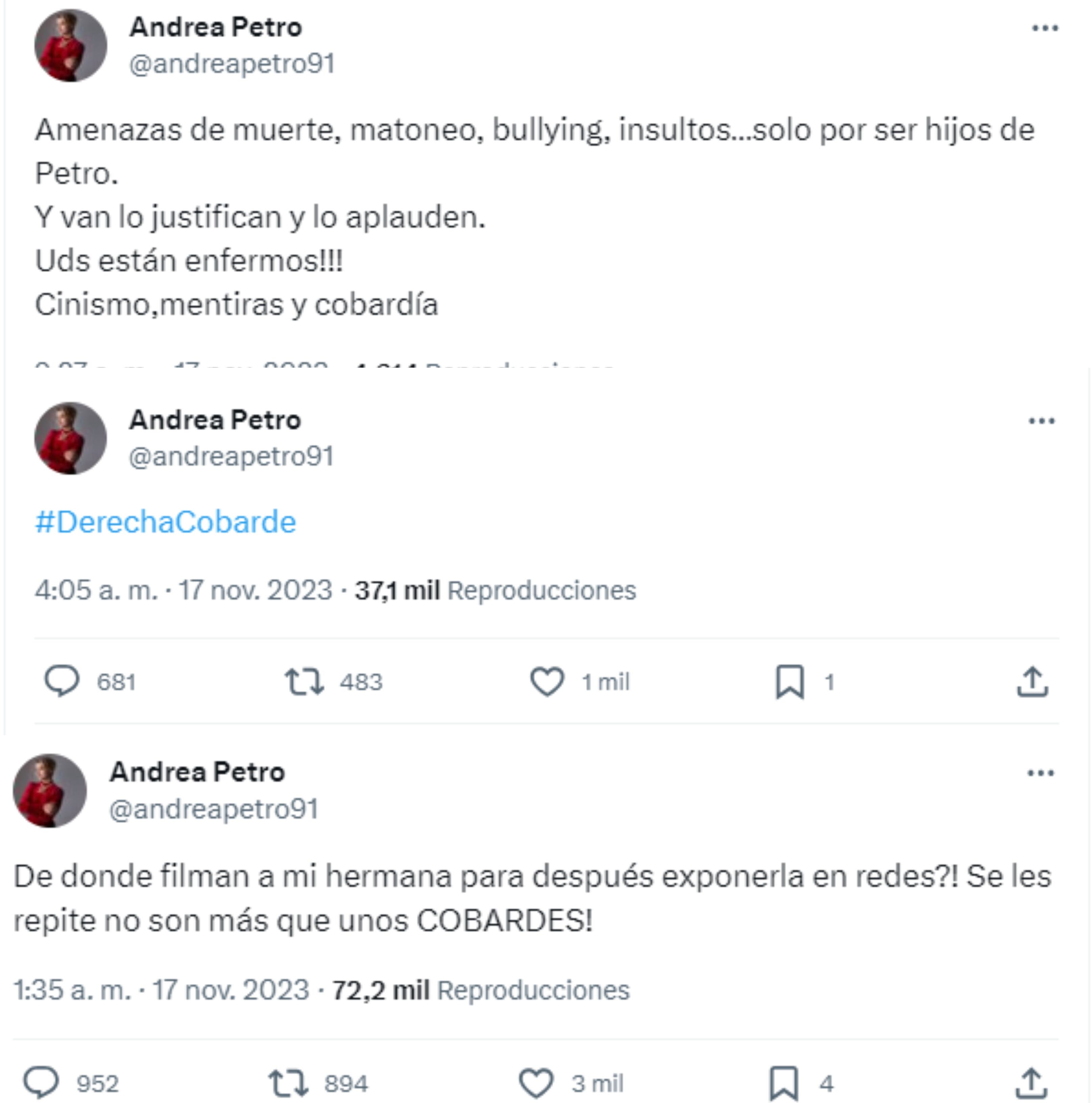 Publicaciones de Andrea Petro en X.
