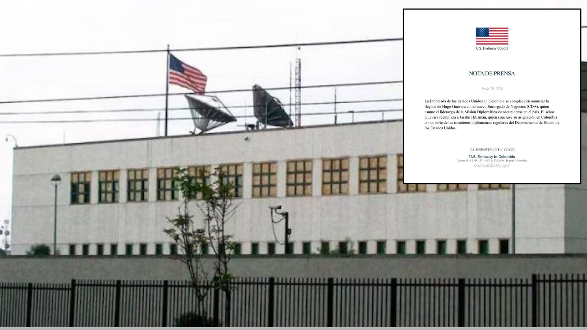 La Embajada de Estados Unidos en Bogotá anunció que el diplomático de carrera Hugo Guevara será el nuevo Encargado de Negocios, en reemplazo de Jarahn Hillsman, quien concluyó su misión en el país.