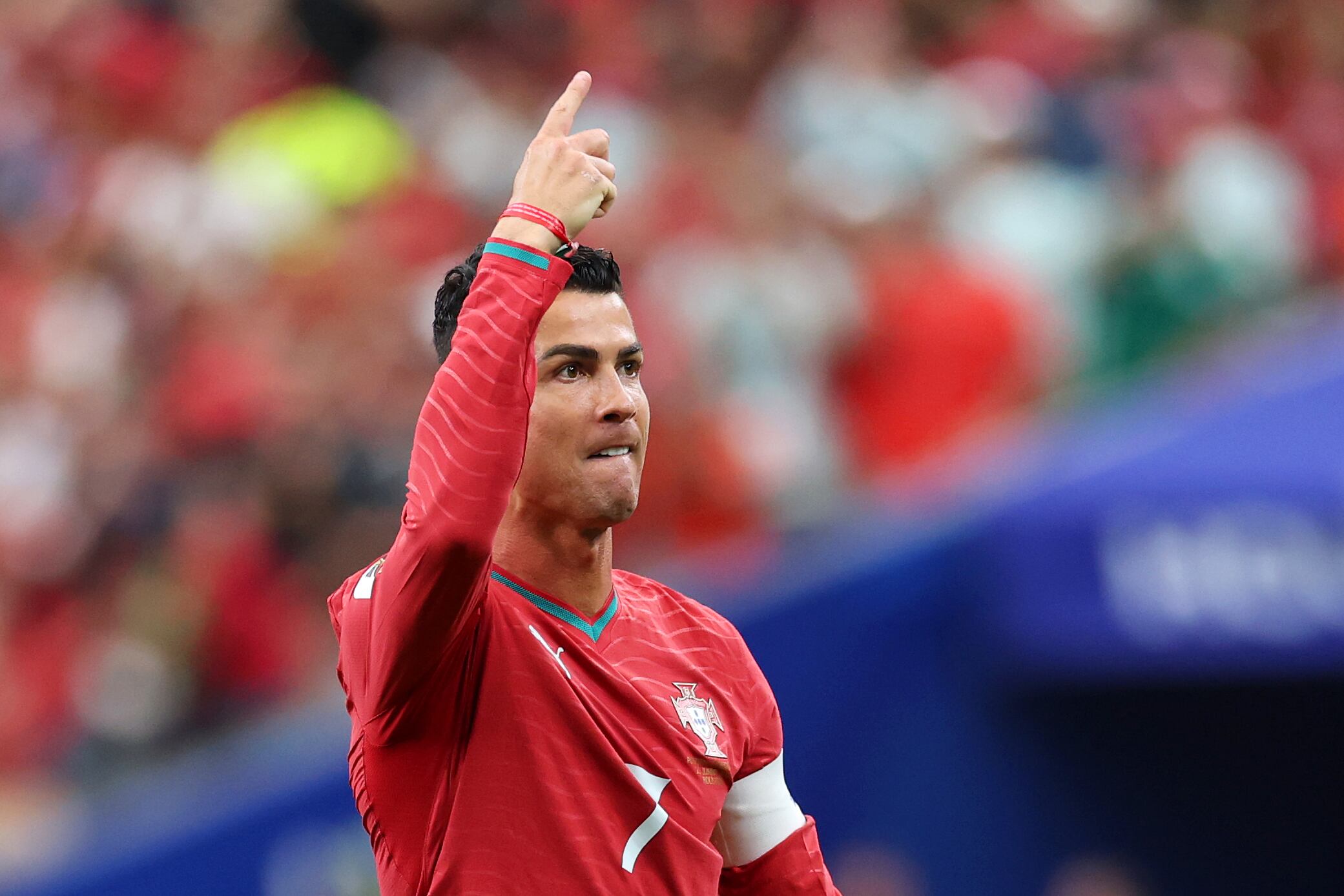 HOUSTON, TEXAS - JUNE 23: Cristiano Ronaldo #7 of Portugal celebrates scoring his team's first goal during the FIFA World Cup 2026 Group K match between Portugal and Uzbekistan at Houston Stadium on June 23, 2026 in Houston, Texas. (Photo by Michael Steele/Getty Images)