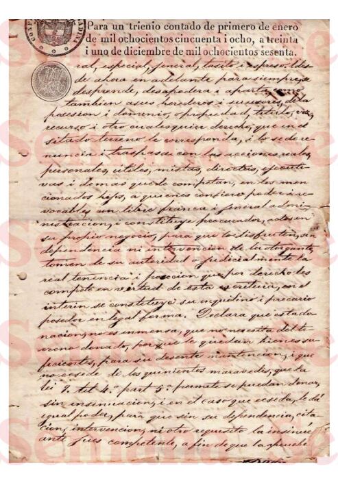 Escritura en la que Nepomusena Osorio dejó los terrenos a las Ánimas del Purgatorio y el Amo Supremo.