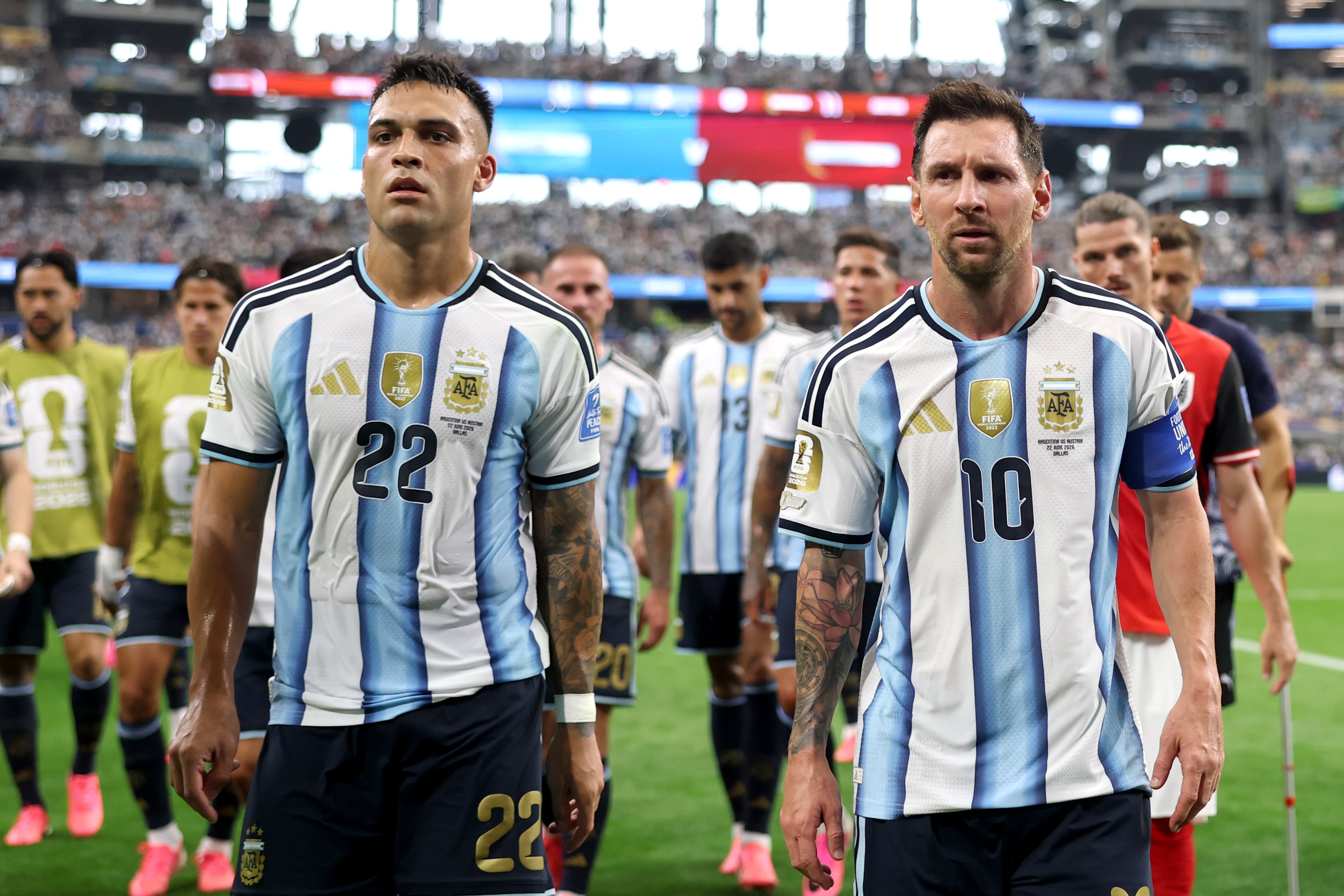 ARLINGTON, TEXAS - JUNE 22: Lionel Messi #10 and Lautaro Martinez #22 of Argentina are seen after the first half during the FIFA World Cup 2026 Group J match between Argentina and Austria at Dallas Stadium on June 22, 2026 in Arlington, Texas. (Photo by Alex Pantling - FIFA/FIFA via Getty Images)