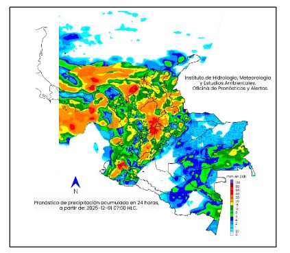La escala de colores indica la cantidad de
precipitación acumulada (en milímetros) para el primero de diciembre de 2025