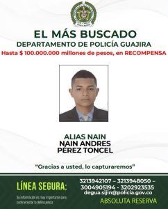 Volante de recompensa de la Policía contra alias Naín