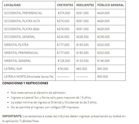 precios de boletería final de vuelta Santa Fe vs Bucaramanga
