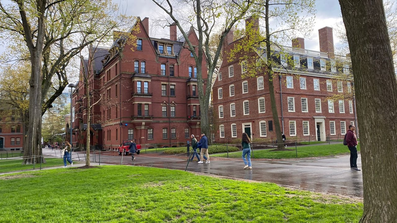 Campus Universidad de Harvard y escultura de John Harvard.