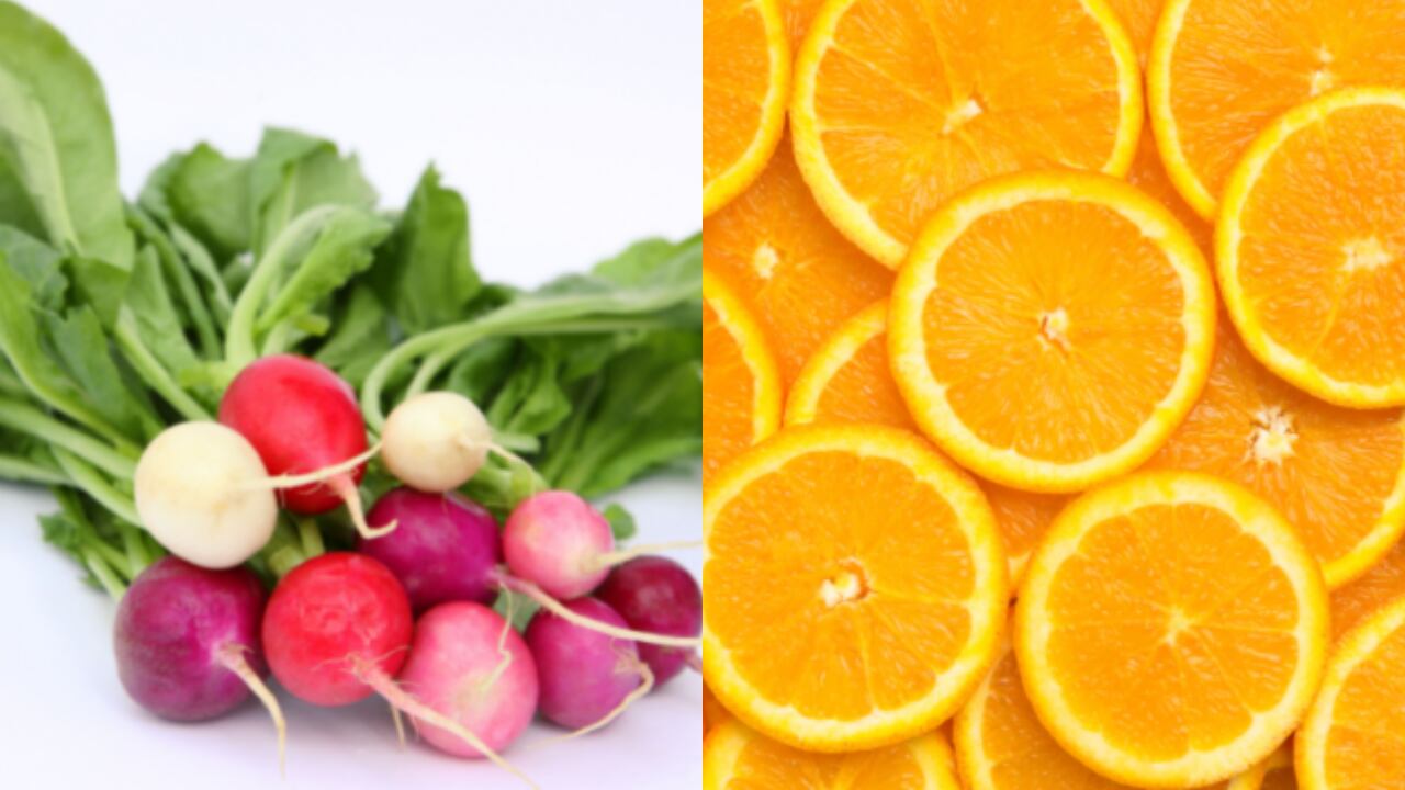 Naranja, rábano, frutas, hortalizas
